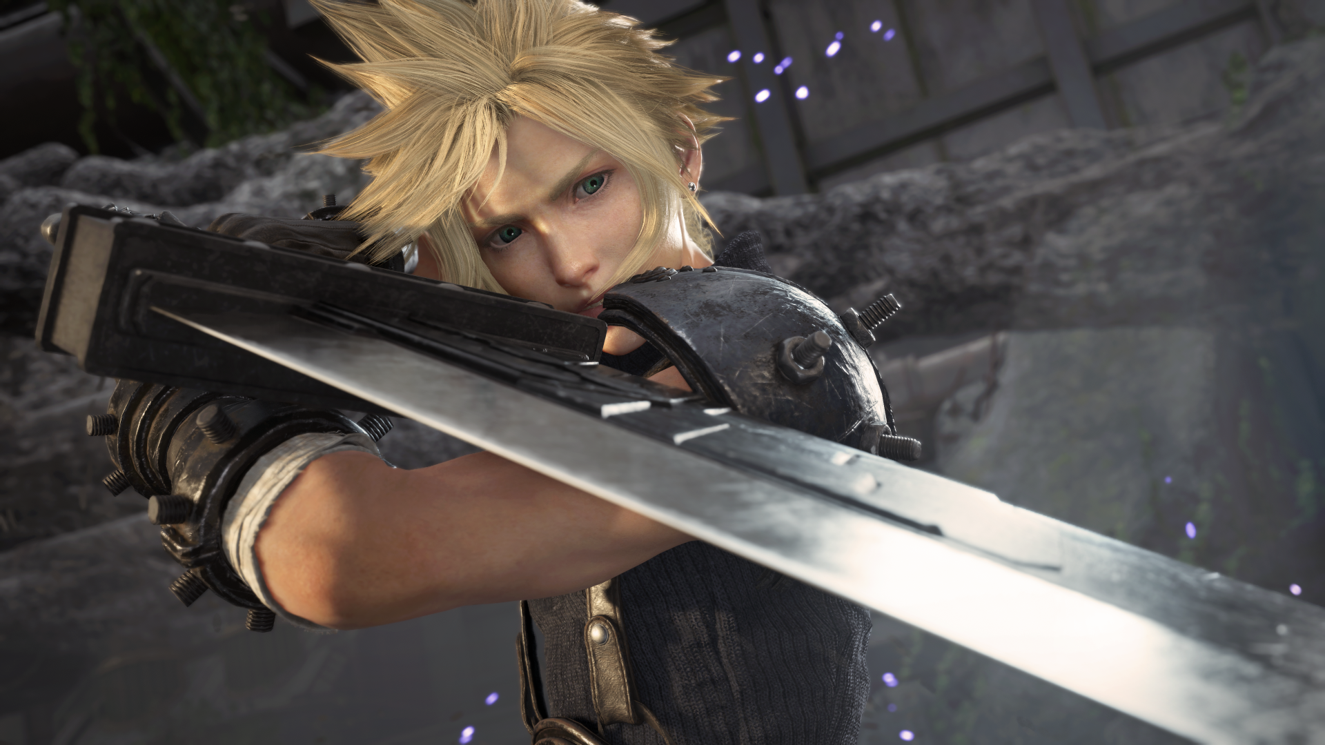 Cloud Strife from Final Fantasy VII Rebirth wields his iconic sword in this stunning 4K Ultra HD wallpaper, capturing the essence of the beloved video game character.