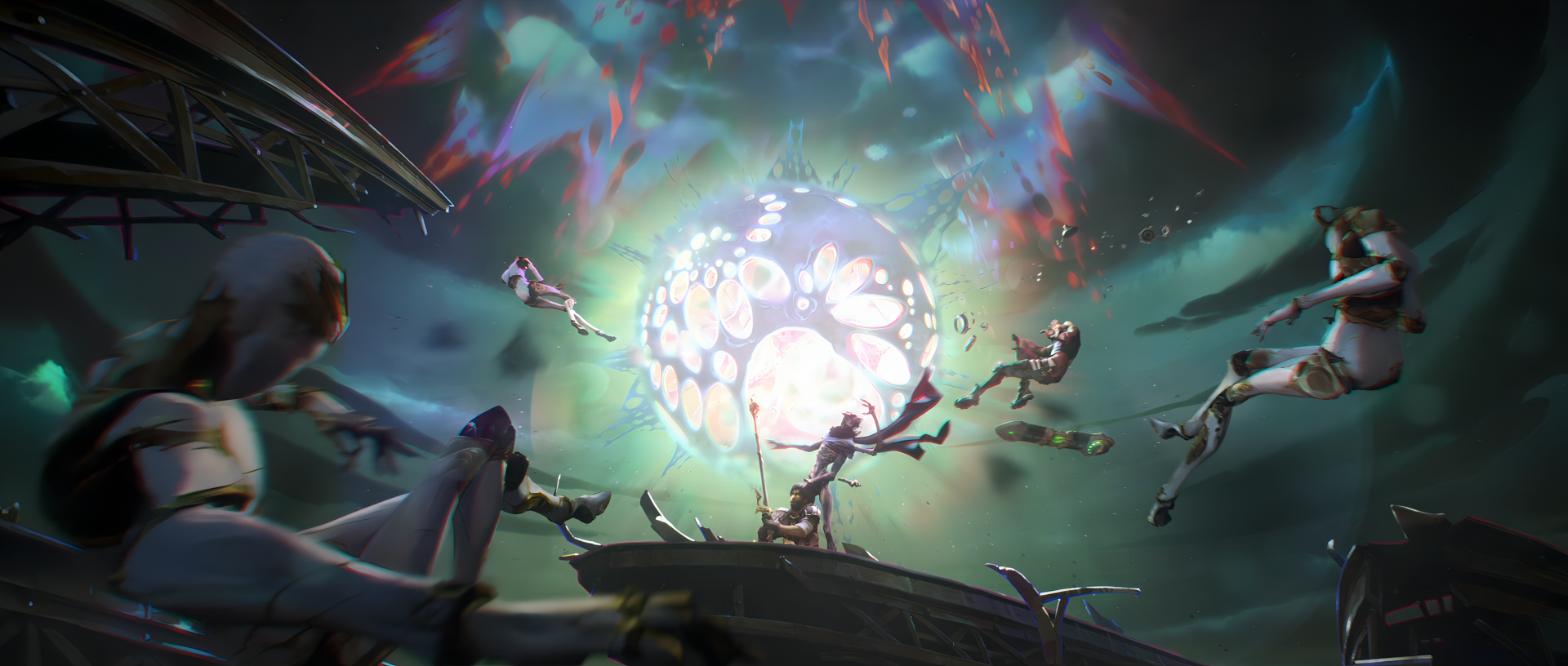 HD PC desktop wallpaper featuring a dynamic, vibrant scene from Arcane with characters suspended around a glowing, multicolored orb against a dark sky.