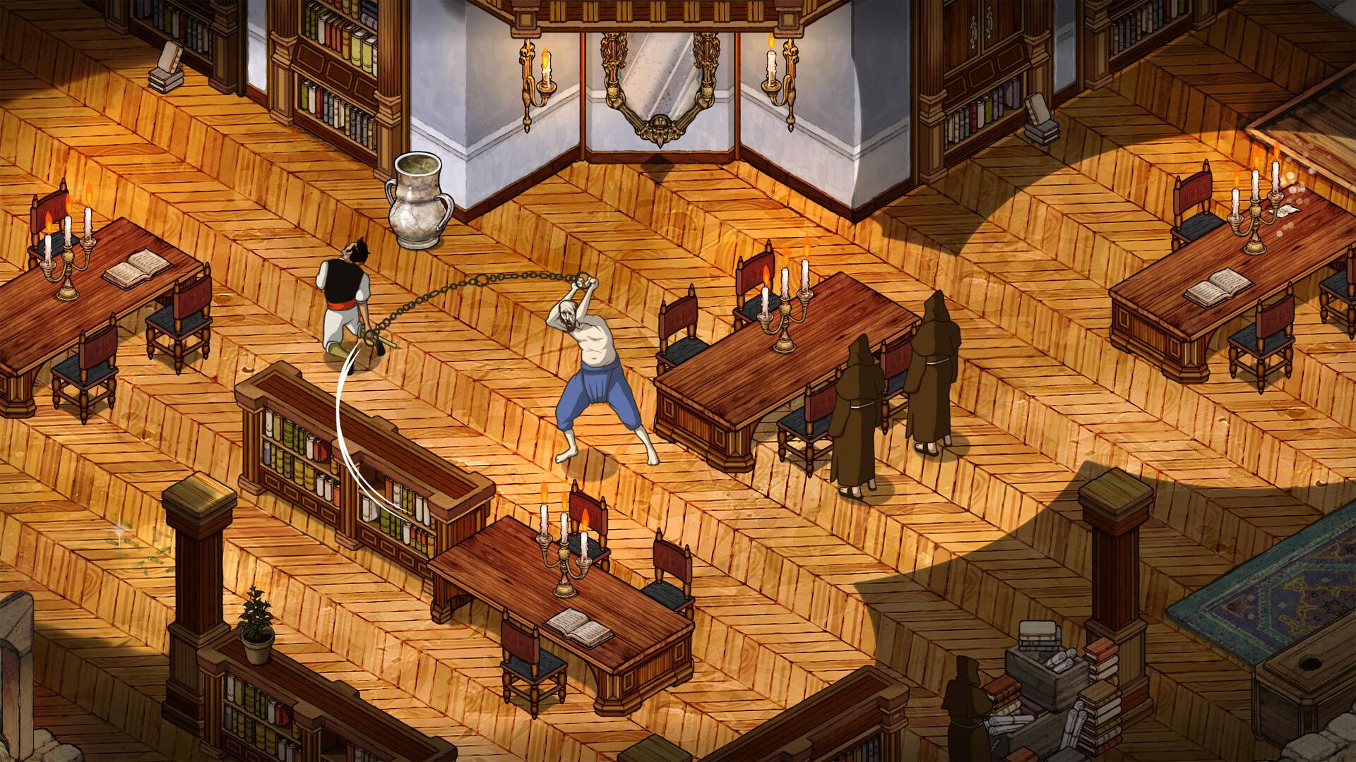 A vibrant 4K Ultra HD wallpaper from the video game The Stone of Madness, showcasing a dynamic scene in a richly detailed library setting with characters in action.