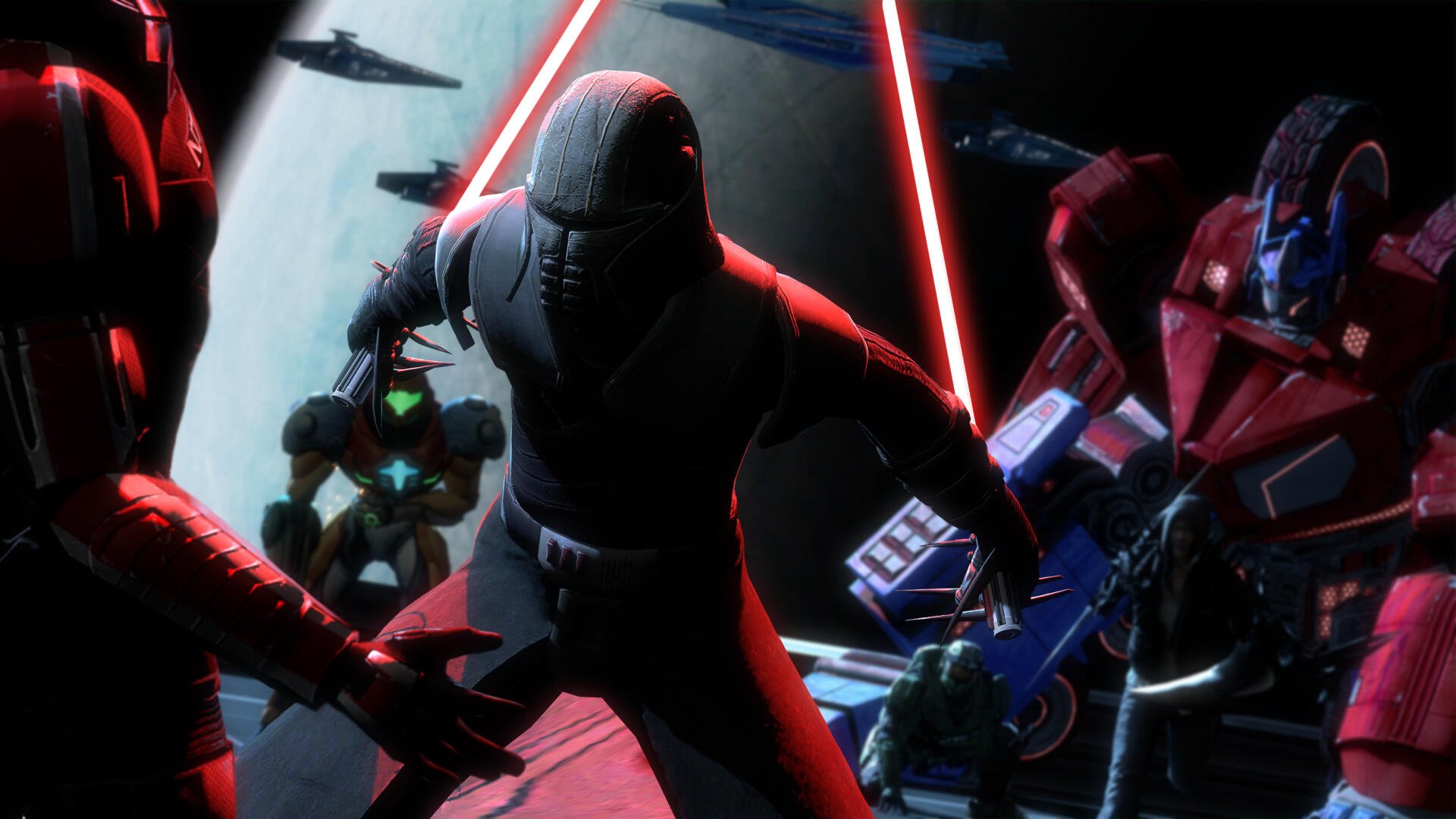A dynamic crossover scene featuring characters wielding lightsabers from various video games, set against a cosmic backdrop with starships. High-definition PC wallpaper.
