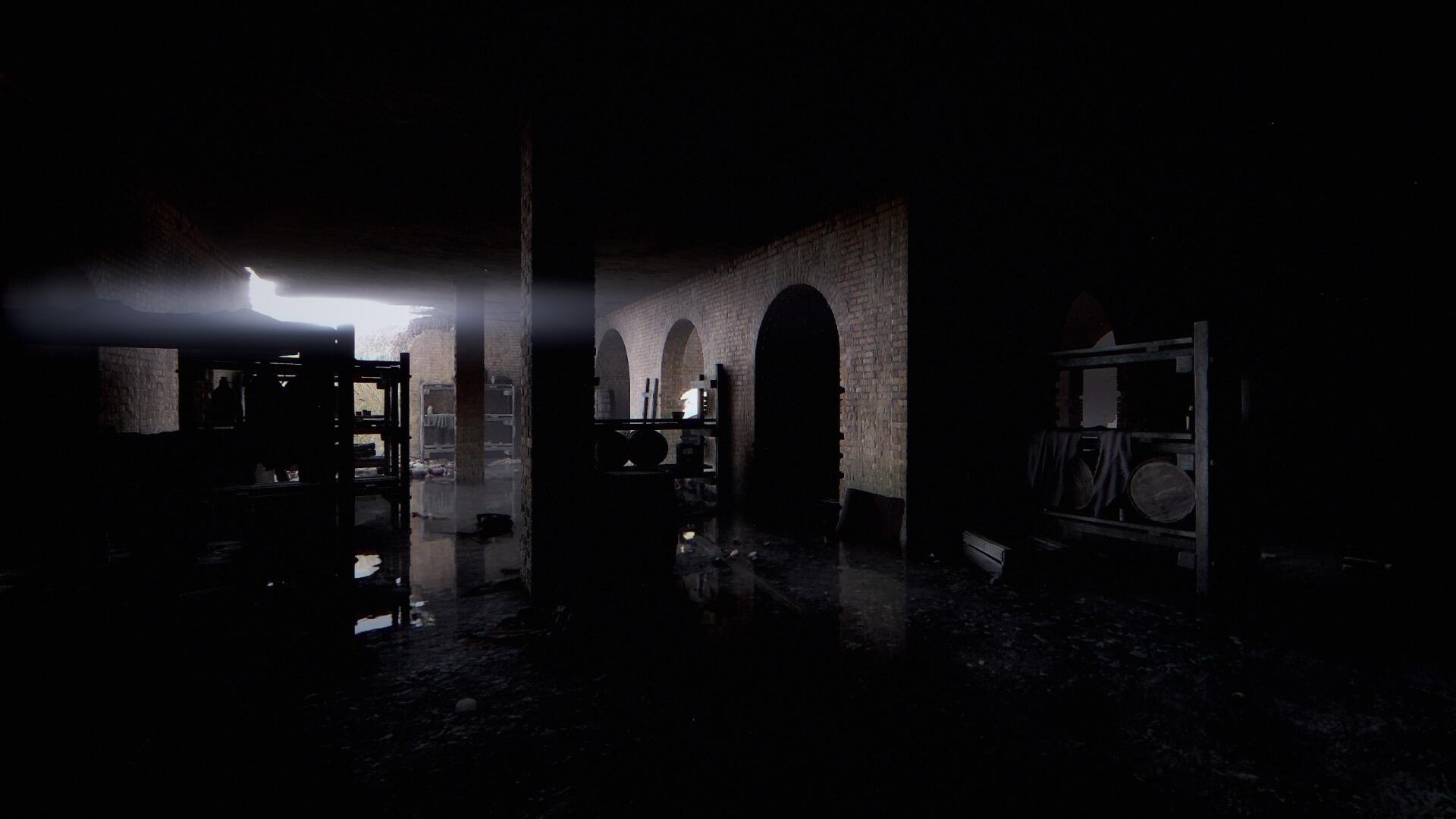 A haunting HD wallpaper from S.T.A.L.K.E.R. 2: Heart of Chernobyl, featuring a dimly lit, abandoned space with shadows and eerie light filtering through.