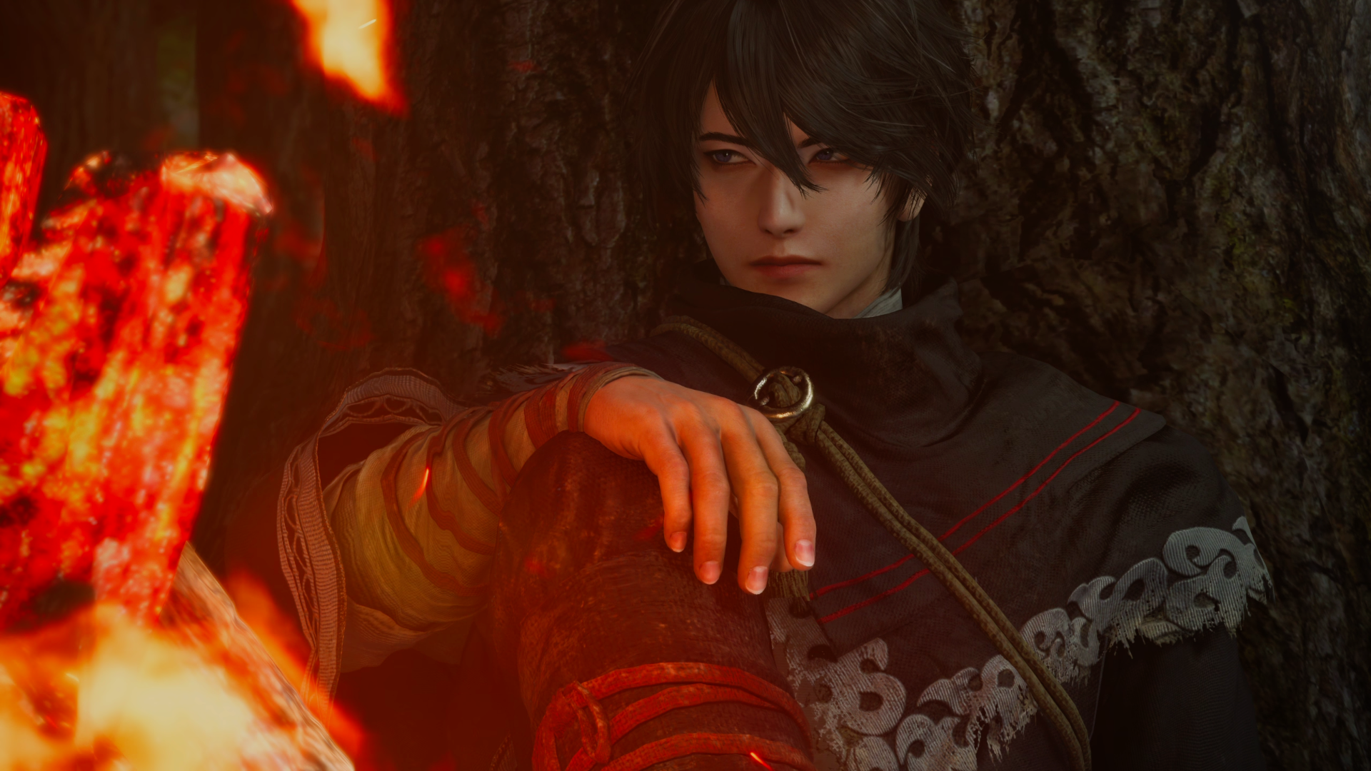 A stylized character from Dynasty Warriors: Origins rests beside a glowing fire, featuring rich detail and vibrant colors, making this an engaging HD PC desktop wallpaper.