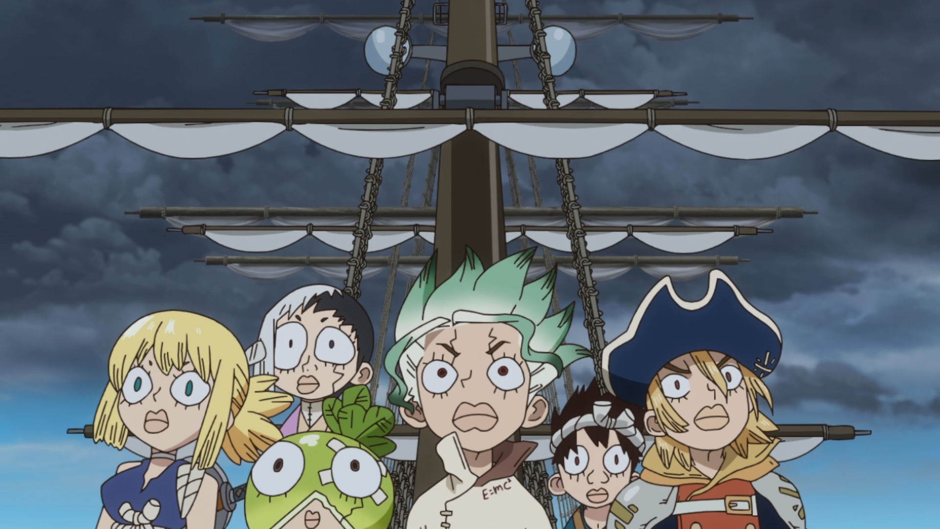 HD PC desktop wallpaper: Anime (Dr. Stone) scene of a shocked group of characters on a ship's deck under a stormy night sky, sails and rigging framed behind them.
