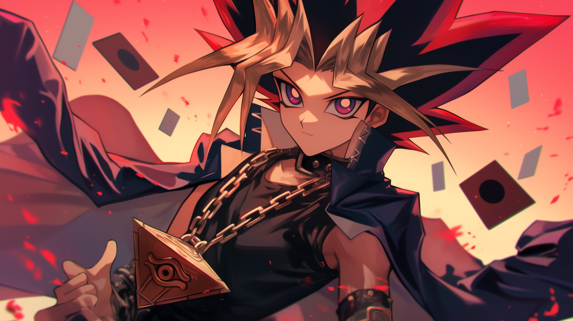 HD wallpaper featuring Yami Yugi from Yu-Gi-Oh!, showcasing the character's striking appearance with a dynamic pose against a vivid backdrop of cards and vibrant colors.