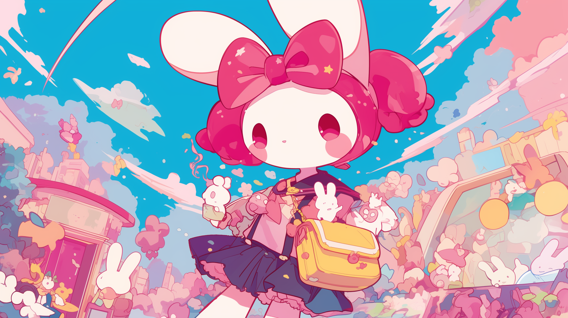 A vibrant HD desktop wallpaper featuring My Melody from Onegai My Melody, showcasing the character with a bunny theme, surrounded by colorful scenery and playful elements.