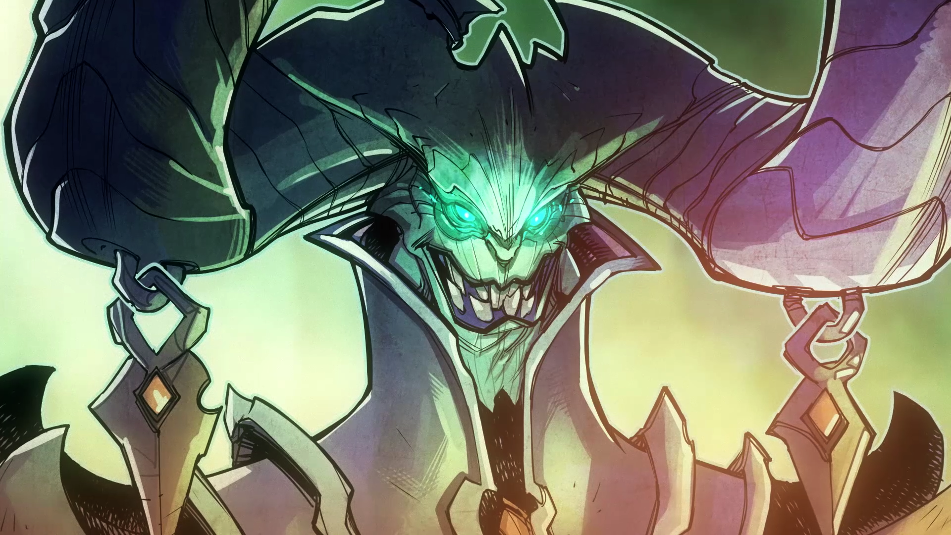 Darksiders Genesis HD PC desktop wallpaper: grinning demon with glowing Evil Eye, magical aura, horns and jagged armor against a smoky, colorful background.