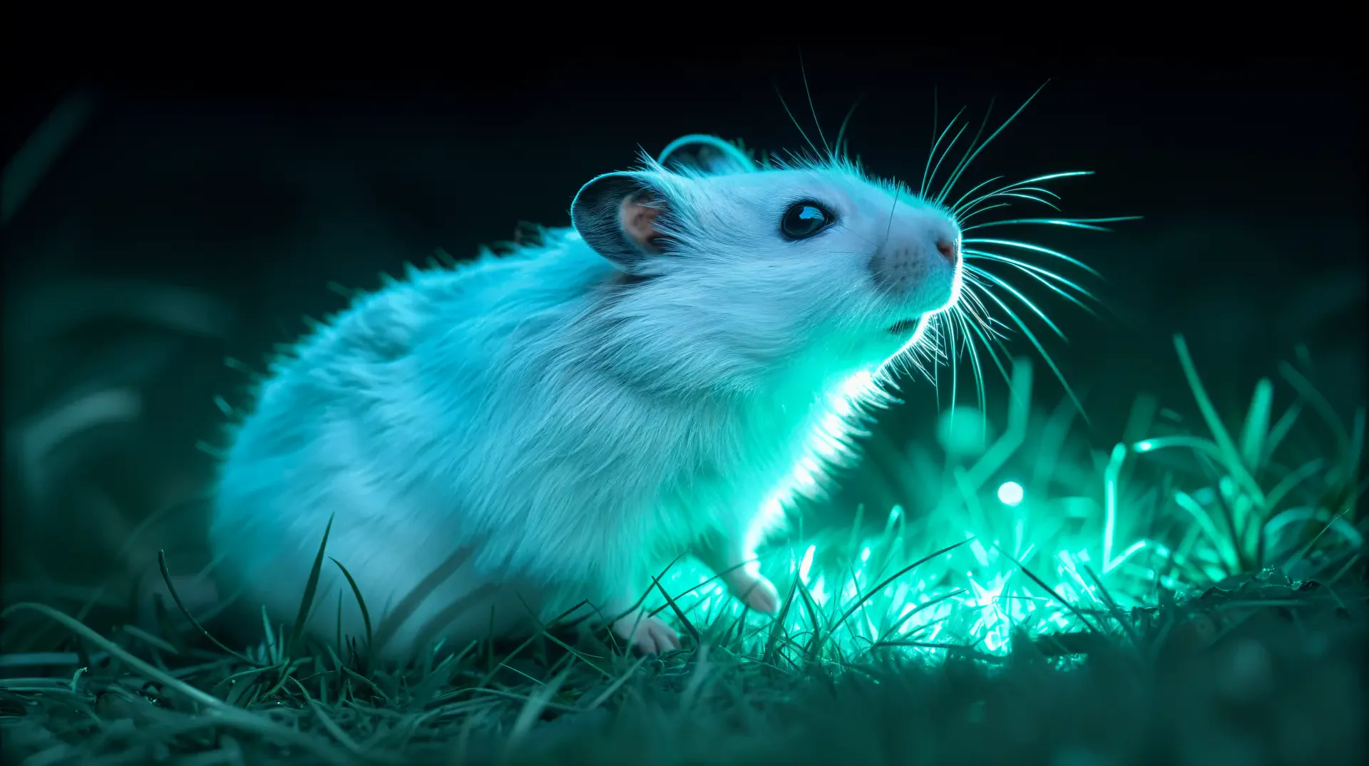 A glowing hamster illuminated by blue light, sitting on grass at night, captured in stunning 4K Ultra HD detail.