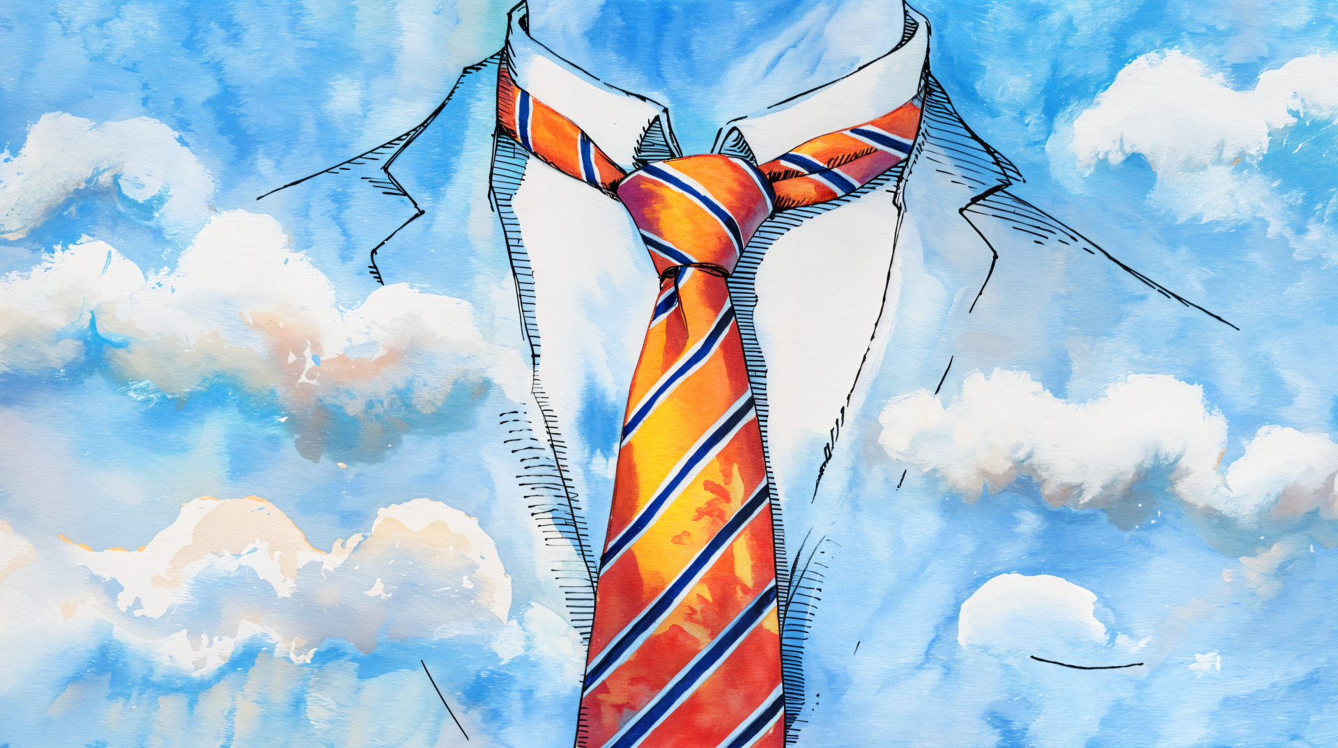 A vibrant illustration of a suit and striped tie against a blue sky with fluffy clouds, designed as a 4K Ultra HD desktop wallpaper.