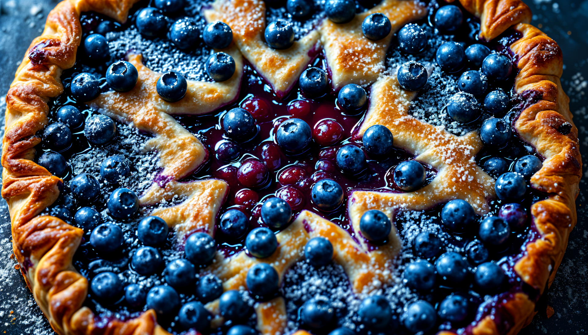A mouthwatering blueberry pie topped with shiny blueberries and a golden crust, showcased in vibrant detail for a stunning 4K Ultra HD desktop wallpaper.