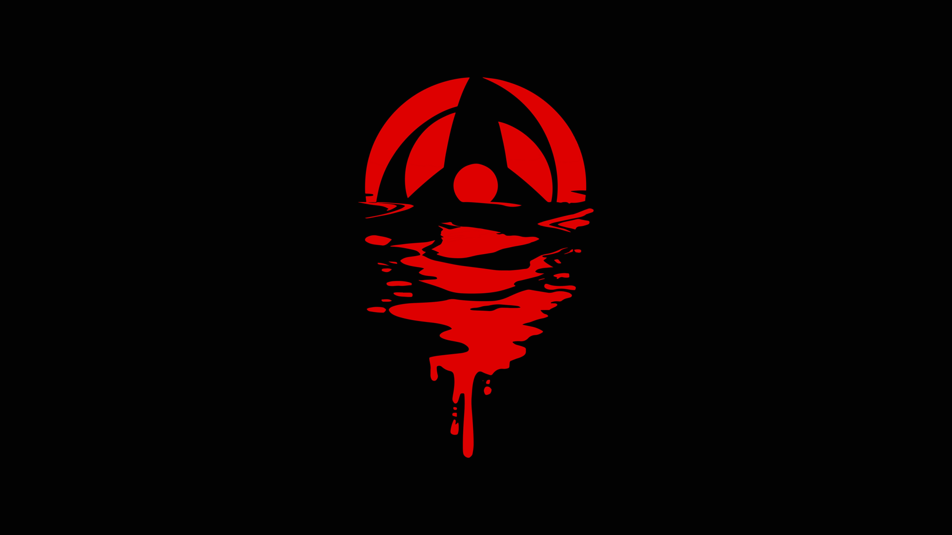 4K Ultra HD PC desktop wallpaper featuring the red Sharingan symbol from Naruto, partially reflected with a dripping effect on a black background.