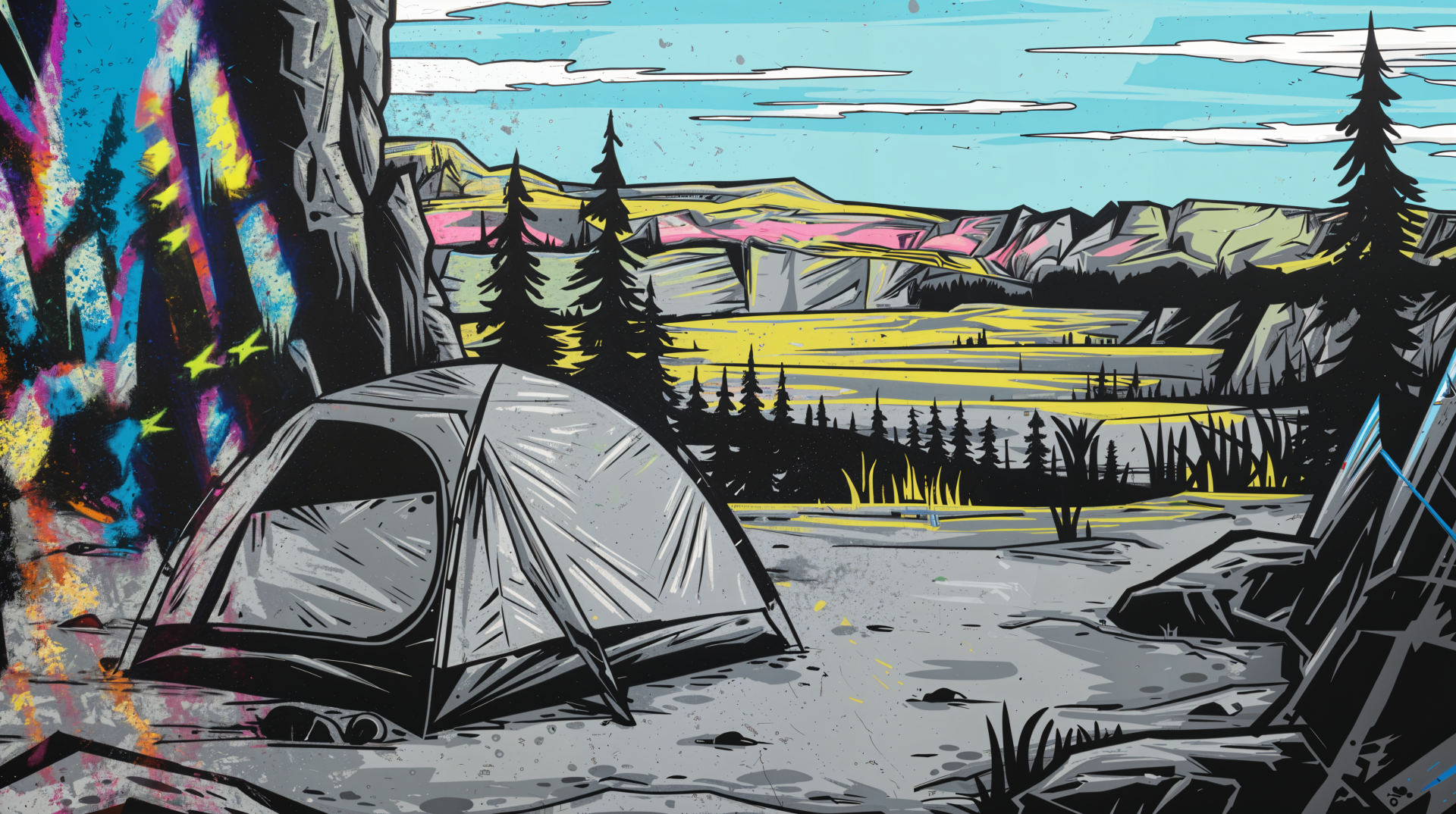 A vibrant illustration of tent camping, featuring a gray tent set against a stunning backdrop of mountains and pine trees, captured in vivid 4K Ultra HD quality.