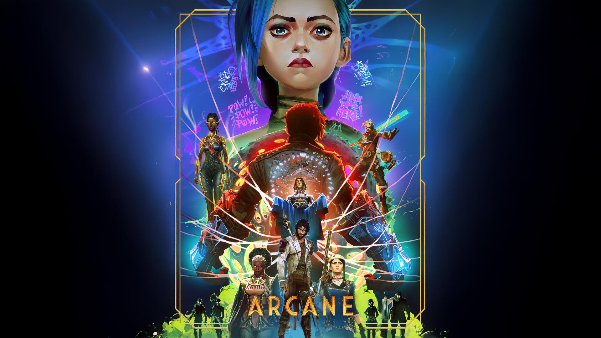 4K Ultra HD Arcane PC desktop wallpaper featuring key characters in a vibrant, neon-lit composition with a futuristic, fantasy aesthetic.
