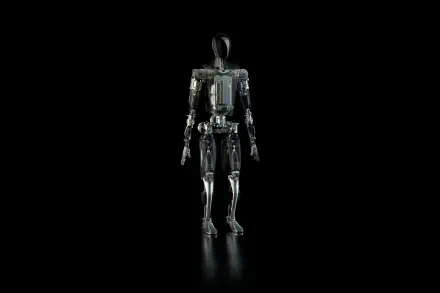 4K Ultra HD desktop wallpaper featuring Tesla Optimus robot, also known as Tesla Bot, standing against a black background with reflective surface.