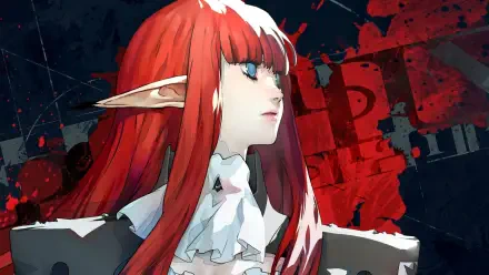 A striking HD desktop wallpaper from the video game Metaphor: ReFantazio, featuring a young woman with red hair and pointed ears, set against a dynamic, colorful background.
