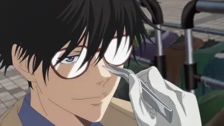 A character from Ron Kamonohashi's Forbidden Deductions smiles confidently, wearing glasses, as a gloved hand approaches with a tool, captured in vibrant anime style for a desktop wallpaper.