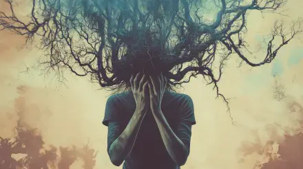 A surreal image depicting a figure with hands on their head, overwhelmed by a chaotic, branching tree-like mass, symbolizing stress. This 4K Ultra HD wallpaper captures intense emotions.