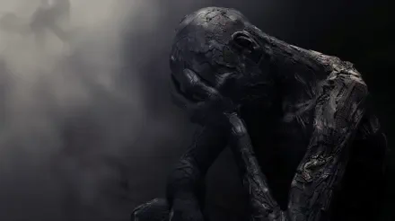 A dark, abstract figure sits in a contemplative pose, conveying deep sadness, set against a smoky background. This striking image serves as a 4K Ultra HD PC desktop wallpaper.