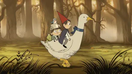 A whimsical scene from the TV show *Over the Garden Wall*, featuring two characters riding a large duck through a mystical forest, surrounded by enchanting autumn trees.