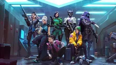HD PC desktop wallpaper featuring the full cast of Valorant agents in a futuristic, neon-lit setting from the popular video game Valorant.
