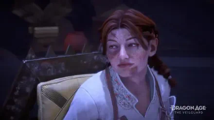 A close-up of a character from Dragon Age: The Veilguard, featuring a detailed facial expression against a richly designed background. This image serves as a striking 4K Ultra HD wallpaper.