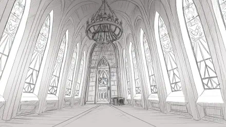 A monochromatic, hand-drawn interior of a grand hall featuring tall arches, intricate windows, and an ornate chandelier, inspired by the video game Slay the Princess — The Pristine Cut.