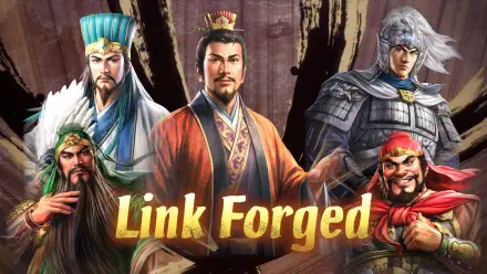 A high-definition desktop wallpaper featuring characters from the video game Romance of the Three Kingdoms 8 (Remake), with the title Link Forged prominently displayed.
