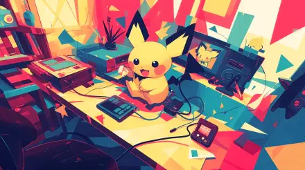 A vibrant 4K Ultra HD wallpaper featuring Pichu from Pokémon, playfully sitting at a colorful desk surrounded by gaming devices and decorations.