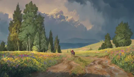 Artistic 4K Ultra HD wallpaper depicting a rider on horseback crossing a vibrant field beneath a dramatic sky, blending nature and motion in a serene landscape.