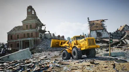 A vibrant HD desktop wallpaper from the video game RoadCraft, showcasing a yellow construction vehicle amidst the ruins of a demolished building under a clear sky.