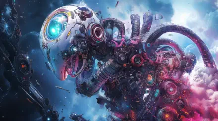 A futuristic robotic organism with intricate designs and vibrant colors against a cosmic backdrop, showcasing sci-fi elements in stunning 4K Ultra HD quality.
