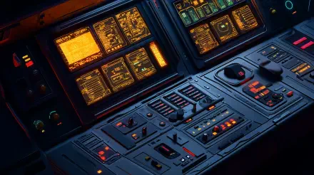 A futuristic spaceship control panel glows with intricate displays and buttons, set against a dark background, showcased as a vibrant 4K Ultra HD PC desktop wallpaper.