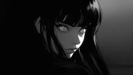 Black and white HD PC desktop wallpaper featuring a close-up of a mysterious woman with long dark hair and striking eyes, tagged wpps4 and pesadof.