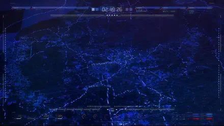 Eighty Six 2K Quad HD PC desktop wallpaper: deep blue tactical HUD overlay showing a glowing city grid, network lines, data readouts and timecode across a futuristic warroom display.