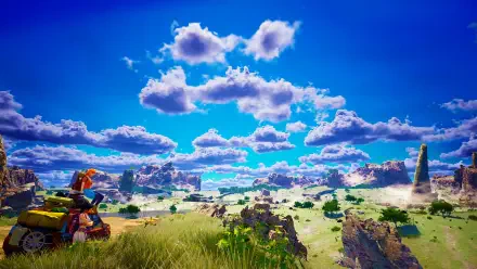 A vibrant HD PC desktop wallpaper featuring a stunning landscape from the video game Albatroz, showcasing lush greenery, rocky formations, and a bright blue sky dotted with clouds.