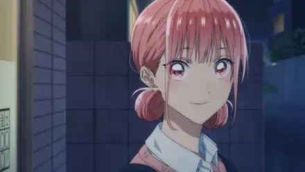 HD anime desktop wallpaper featuring Hina Chouno from Blue Box, showcasing her with pink hair tied back, smiling softly against a nighttime urban background.