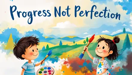 A joyful illustration of two children painting outdoors, surrounded by a vibrant landscape, with the text Progress Not Perfection prominently displayed. 4K Ultra HD wallpaper.