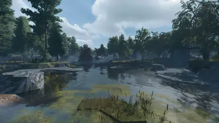 A serene landscape from the video game STALCRAFT: X, showcasing a tranquil water body surrounded by lush greenery and soft sunlight, rendered in stunning 4K Ultra HD.