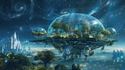 A stunning 4K Ultra HD sci-fi scene featuring a floating city amidst a starry cosmos, complete with lush greenery and futuristic architecture.