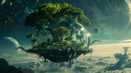 A stunning 4K Ultra HD wallpaper of a floating city, featuring lush greenery encased in a transparent dome, set against a starry sci-fi backdrop with distant planets.