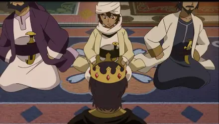 Anime scene from Future Folktales showing a character placing a crown on another seated figure, featured as an HD PC desktop wallpaper and background.
