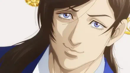 A close-up of a character from the anime Trillion Game, featuring striking blue eyes and a confident expression, serving as an engaging HD PC desktop wallpaper and background.