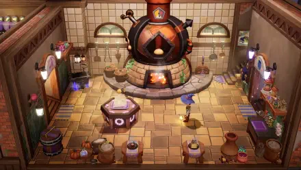 A cozy and colorful bakery interior from the video game Magical Bakery, featuring a large cooking pot, various ingredients, and charming decoration, set in a vibrant fantasy world.
