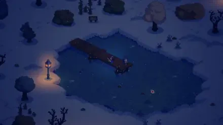 A serene winter scene from the video game Everholm, featuring a dock over a frozen pond illuminated by a lamppost, surrounded by trees and snow-covered ground.