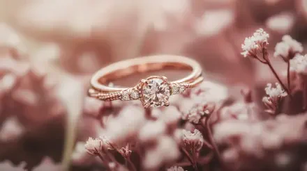 A stunning rose gold ring adorned with a sparkling center stone, nestled among delicate pink flowers, captured in beautiful 4K Ultra HD for a captivating desktop wallpaper.