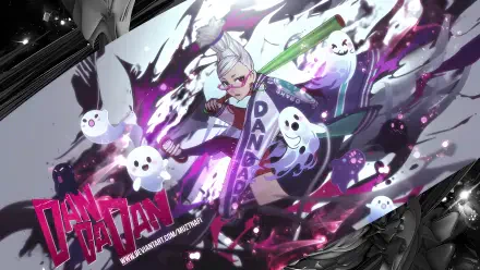 Anime-style 4K Ultra HD desktop wallpaper featuring Seiko Ayase from Dandadan, surrounded by ghostly figures and dynamic energy effects.