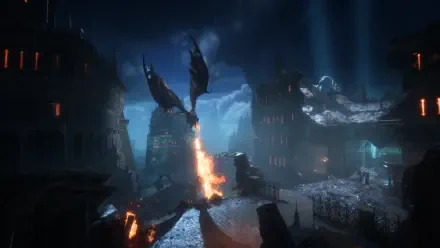 A dramatic scene from the video game Dragon Age: The Veilguard, featuring dragons soaring over a dark, mystical landscape illuminated by flames and atmospheric lighting.