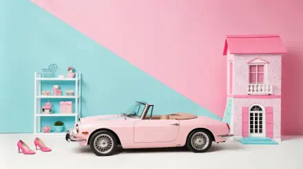 A vibrant barbiecore scene featuring a vintage pink convertible, a pink dollhouse, and stylish pink heels against a playful pastel background. Perfect as a 4K Ultra HD desktop wallpaper.