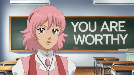 Anime-style pink-haired character stands confidently in a classroom with a chalkboard behind them displaying the motivational message YOU ARE WORTHY. 4K Ultra HD wallpaper.