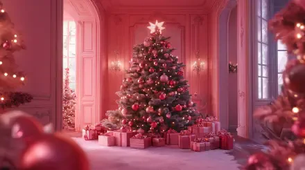 A beautifully decorated pink Christmas tree sits surrounded by gift boxes in an elegant room, captured in stunning 4K Ultra HD.