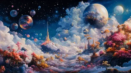 A vibrant dreamcore landscape featuring colorful clouds, whimsical trees, and distant planets, capturing a surreal, otherworldly atmosphere in stunning 4K Ultra HD.